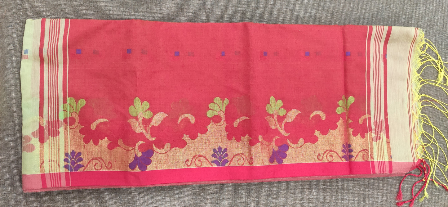 Floral Design Handloom (Red and Mud Green) - jayaearth