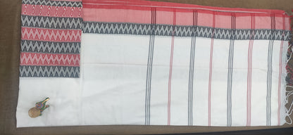 Begampuri Saree (White Body Red Black Patterned Anchal) - jayaearth