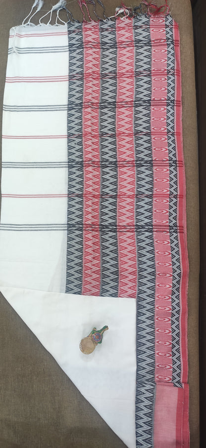 Begampuri Saree (White Body Red Black Patterned Anchal) - jayaearth