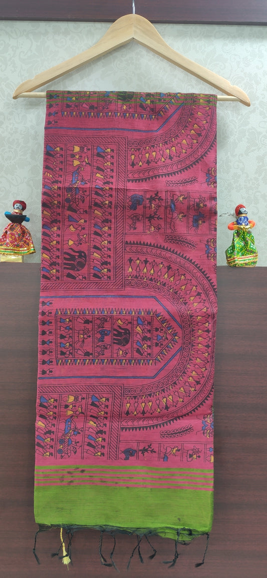 Madhubani Saree Cotton Handloom (Purple Green) - jayaearth