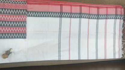 Begampuri Saree (White Body Red Black Patterned Anchal)