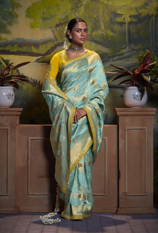 Sky Blue Silk Weaving Designer Saree - jayaearth