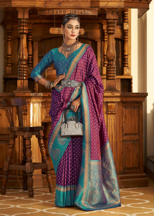 Magenta Purple Banarasi Silk Saree With Zari Weaving Work - jayaearth