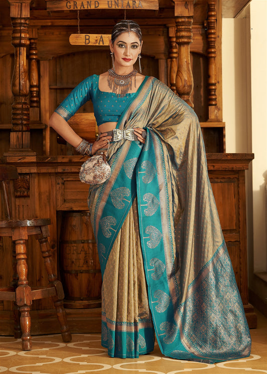 Buff Beige Banarasi Silk Saree With Zari Weaving Work - jayaearth