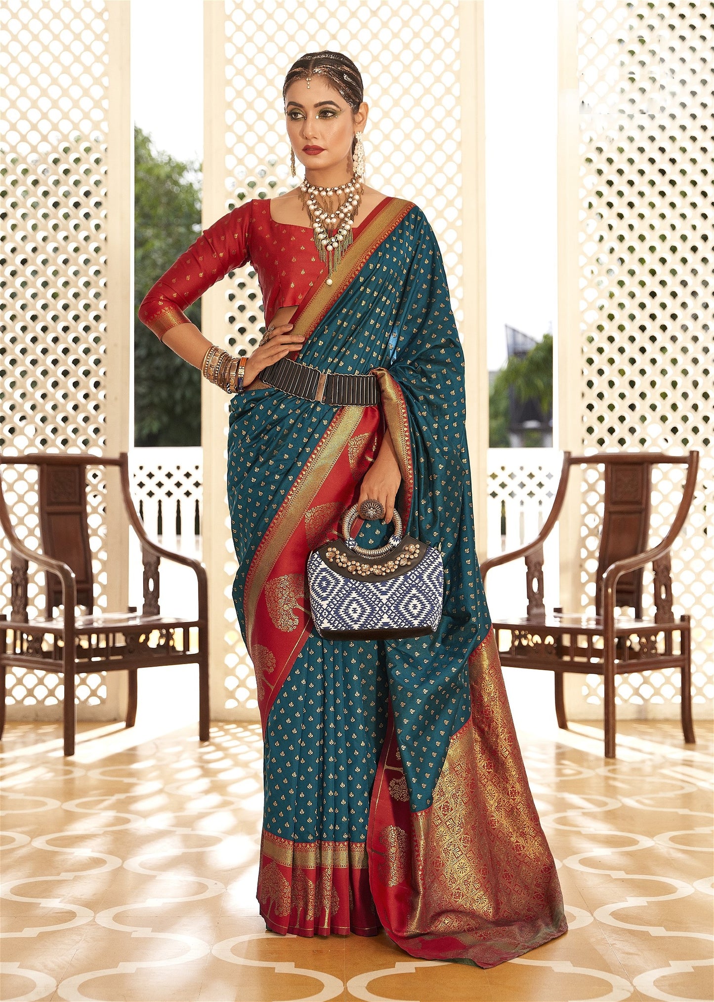 Teal Blue Banarasi Silk Saree With Zari Weaving Work