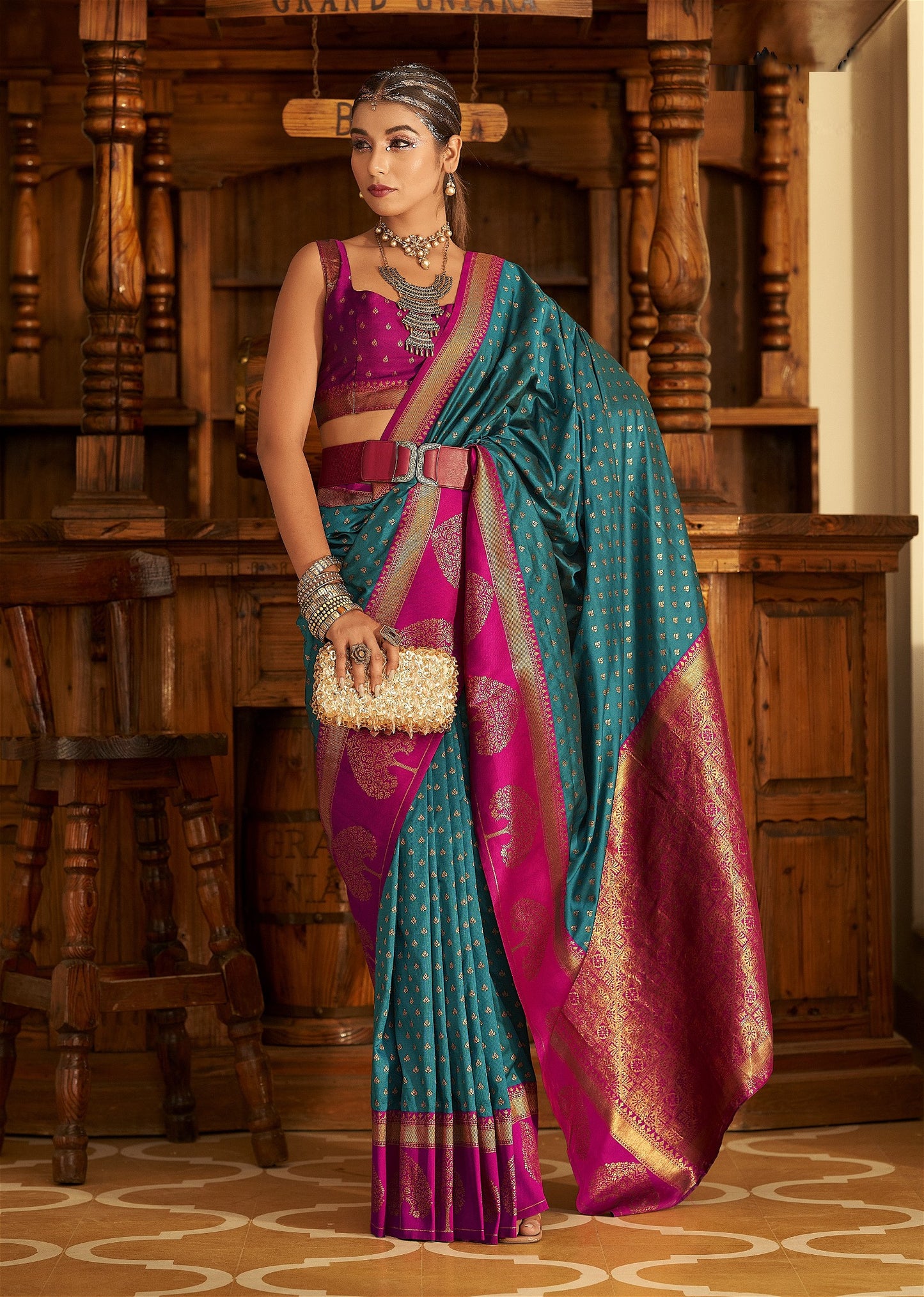 Rama Blue Banarasi Silk Saree With Zari Weaving Work