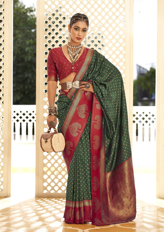 Dark Green Banarasi Silk Saree With Zari Weaving Work