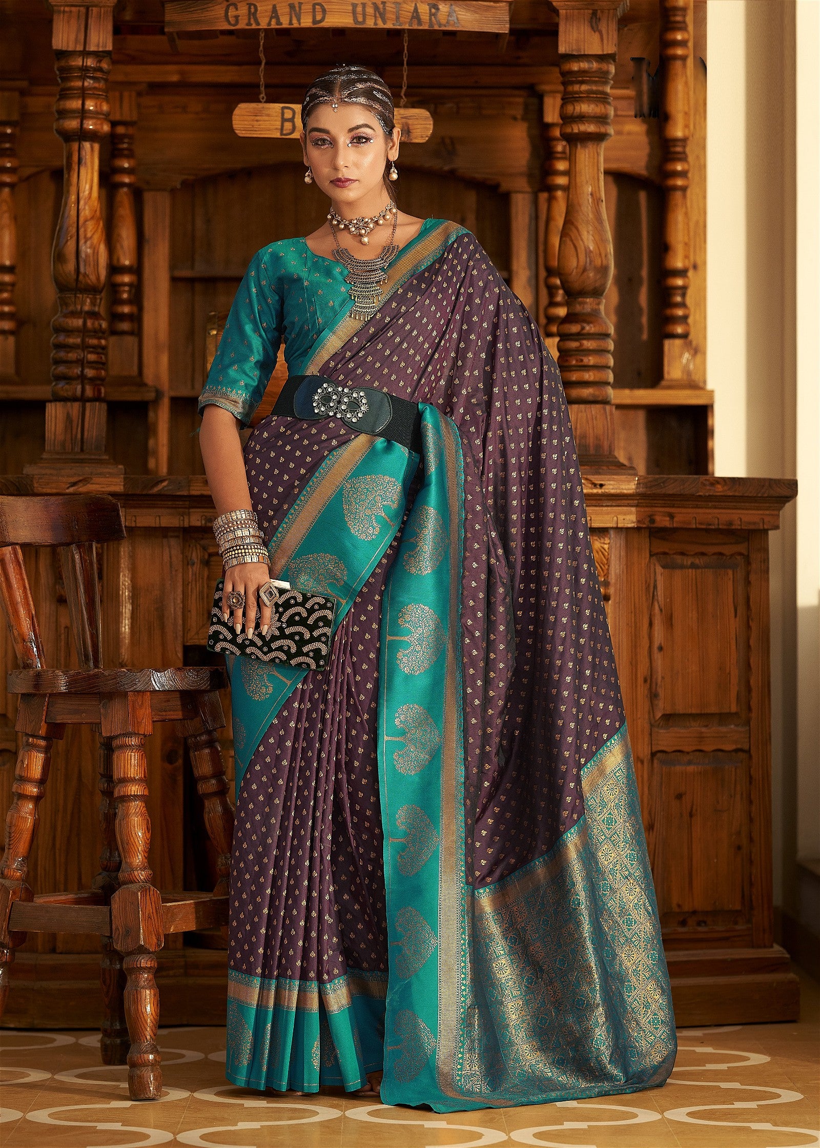 Merlot Wine Banarasi Silk Saree With Zari Weaving Work - jayaearth