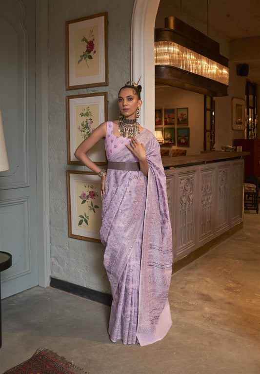 Light Purple Kashmiri Silk Saree With Handloom Weaving