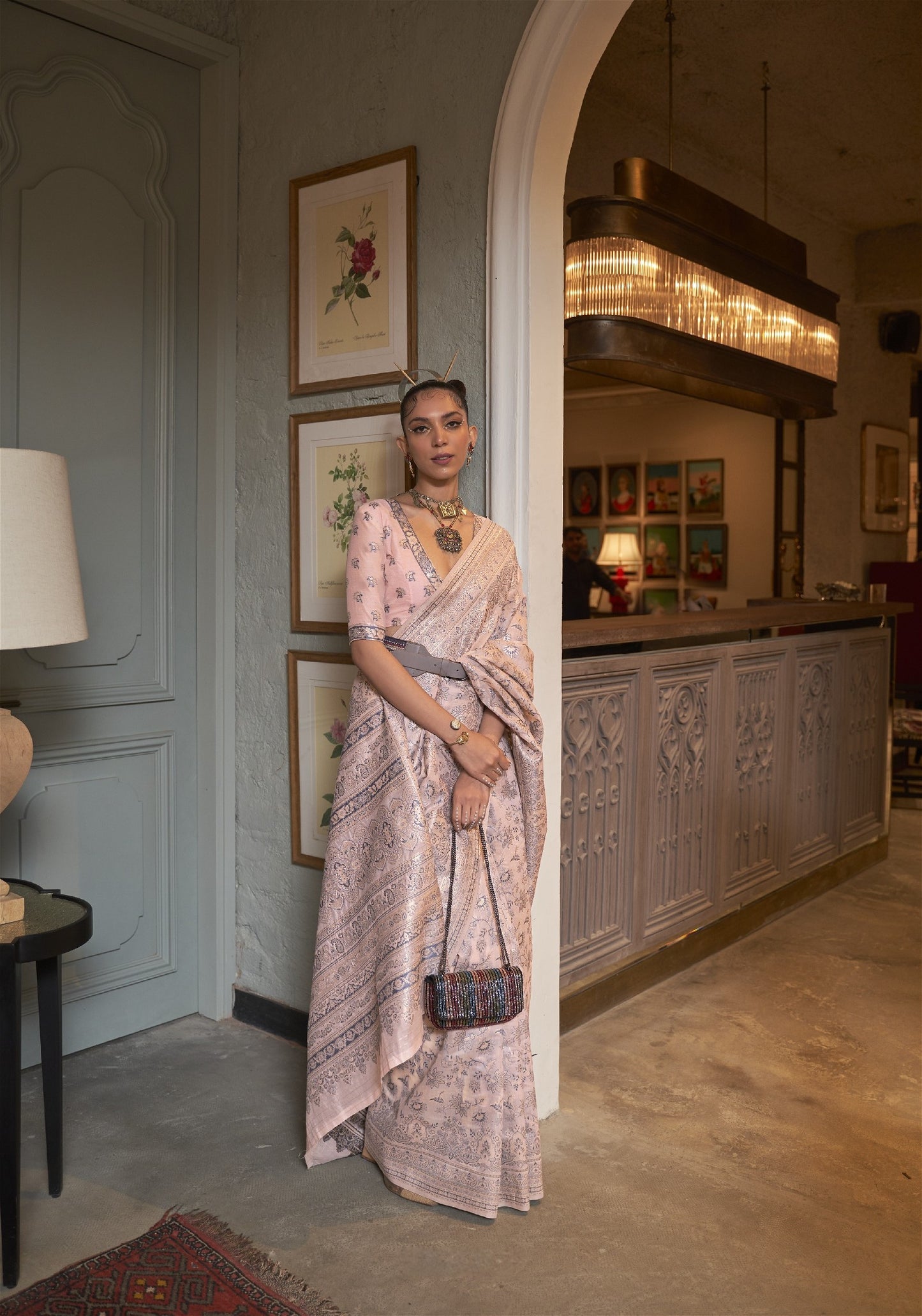 Light Pink Kashmiri Silk Saree With Handloom Weaving