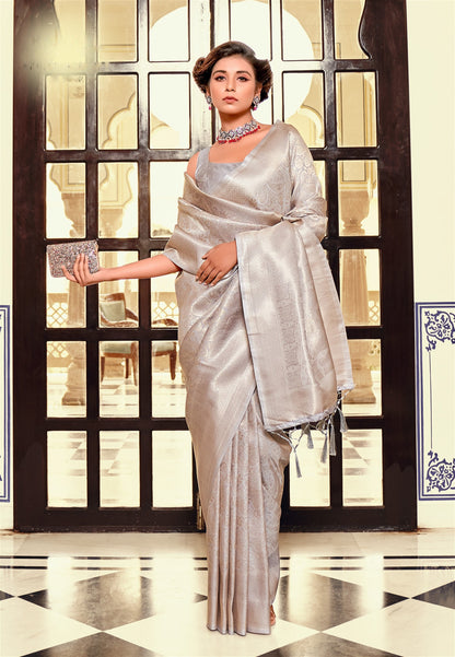 Pastel Grey Colour Wedding Wear Kanjivaram Silk Saree - jayaearth