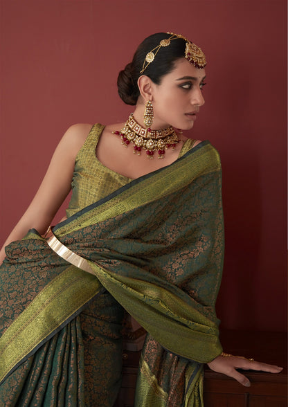 Green Colour Soft Kanjivaram Silk With Copper Zari Weaving - jayaearth