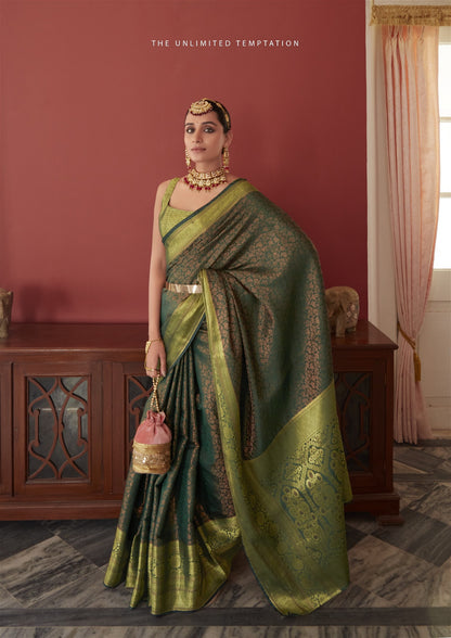 Green Colour Soft Kanjivaram Silk With Copper Zari Weaving - jayaearth