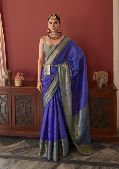 Blue Colour Soft Kanjivaram Silk With Copper Zari Weaving - jayaearth