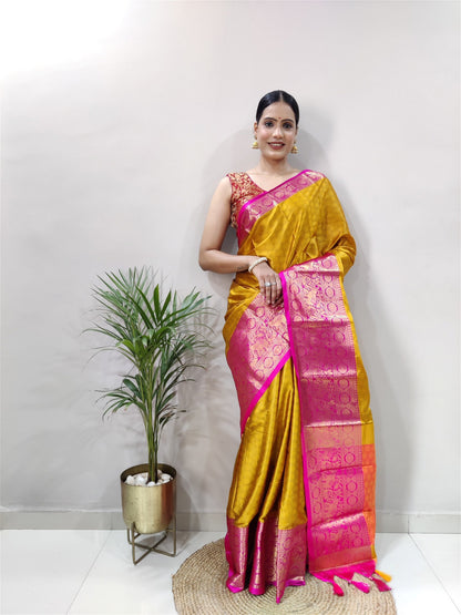 Mustard Colour Cotton Silk Saree For Women's - jayaearth