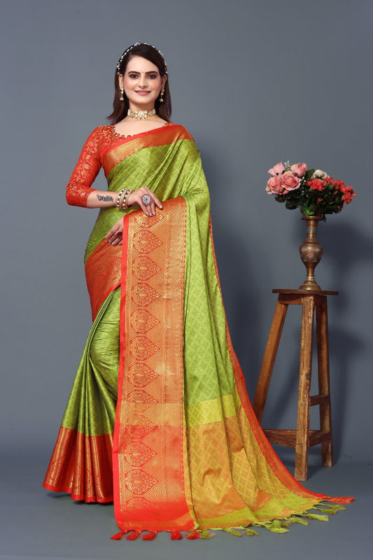 Lemon Red Colour Cotton Silk Saree For Women's - jayaearth