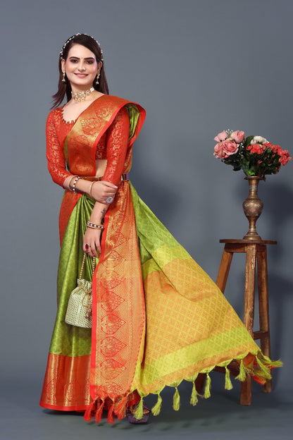 Lemon Red Colour Cotton Silk Saree For Women's - jayaearth