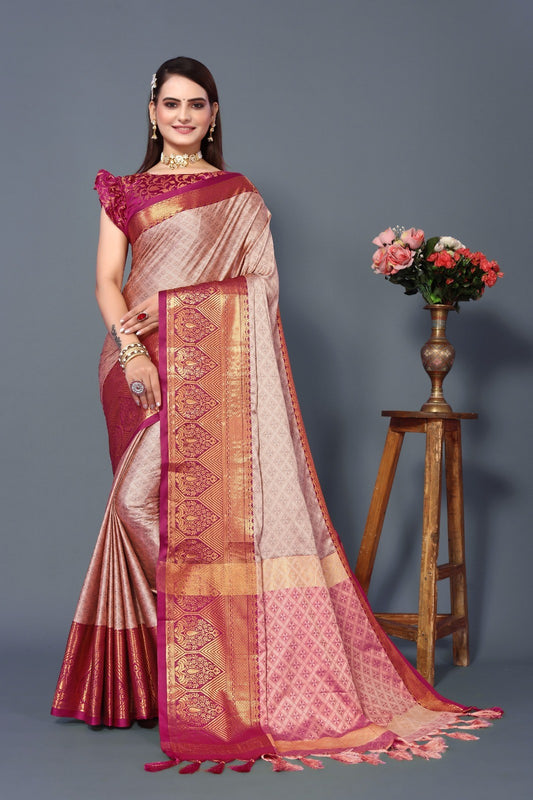 Peache Red Colour Cotton Silk Saree For Women's - jayaearth