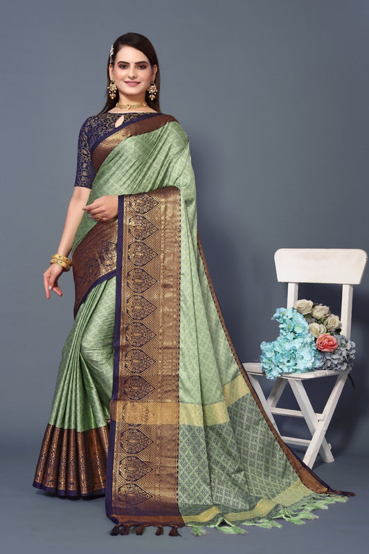 Pista Green Colour Cotton Silk Saree For Women's - jayaearth