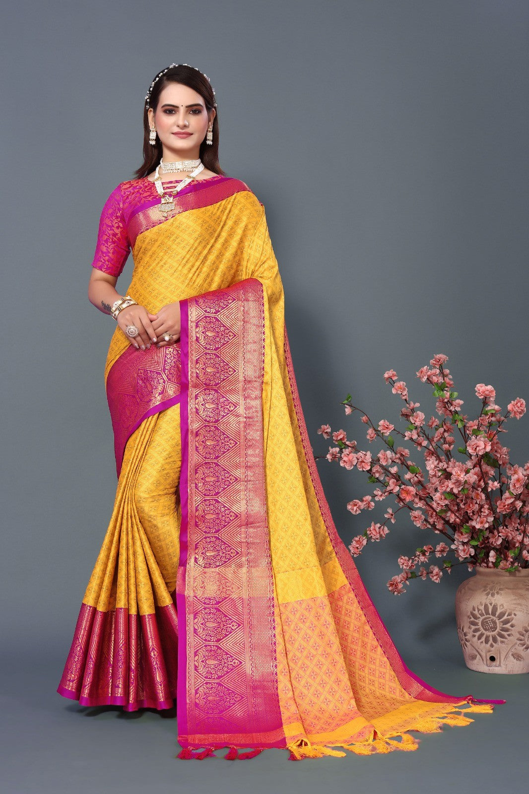 Yellow Dark Pink Colour Cotton Silk Saree For Women's - jayaearth