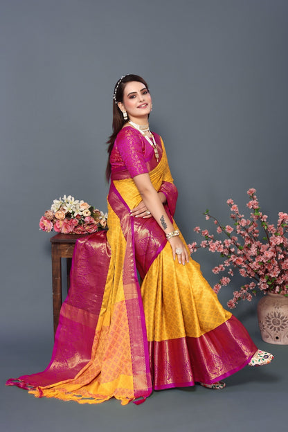 Yellow Dark Pink Colour Cotton Silk Saree For Women's - jayaearth