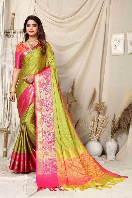 Lemon Pink Colour Aura Rich Pallu designer silk Saree For Women's - jayaearth