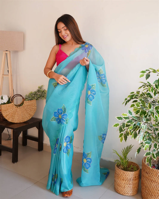 Blue Colour Organza Digital With Foil Print and Hand Work Saree For Women's - jayaearth