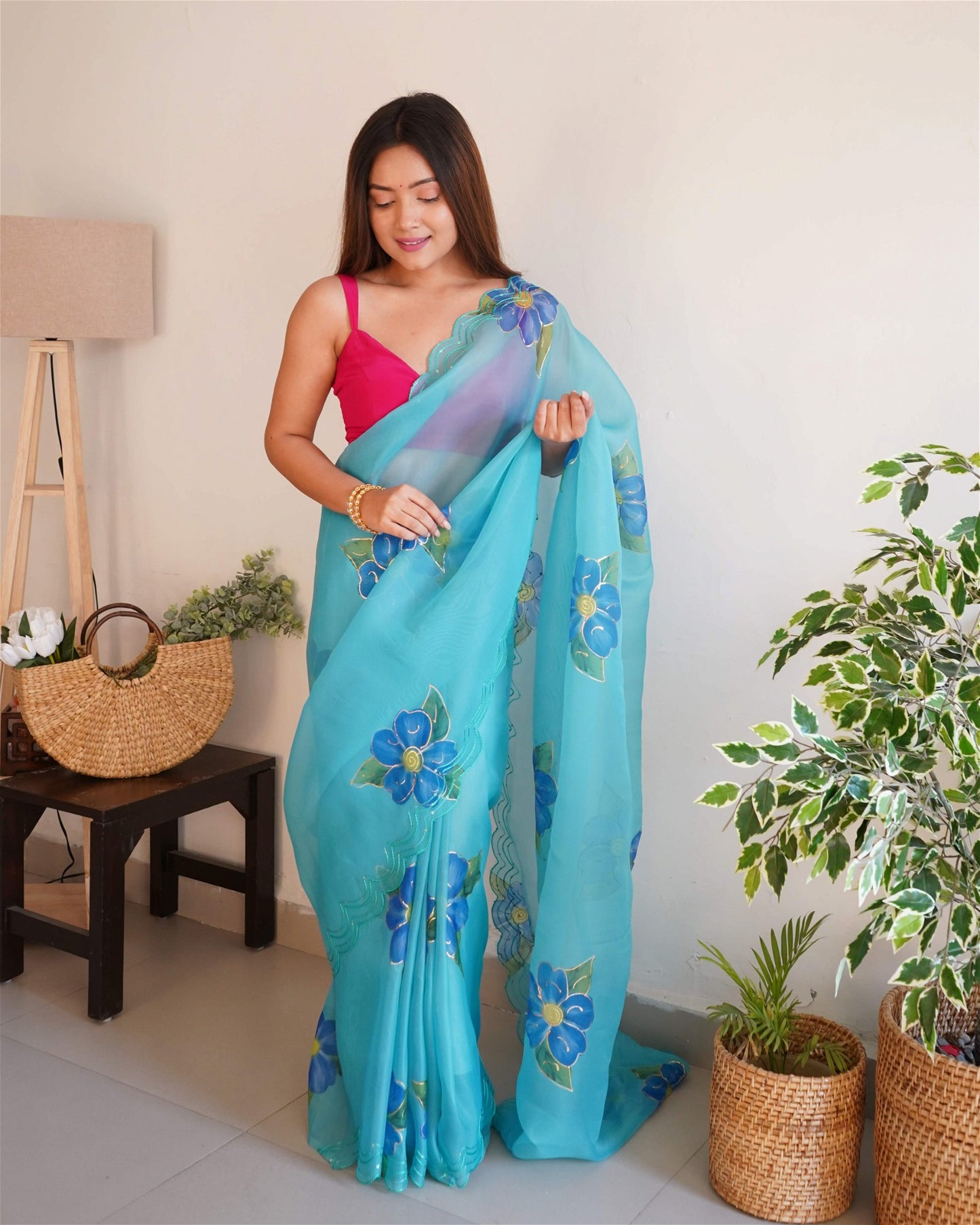 Blue Colour Organza Digital With Foil Print and Hand Work Saree For Women's - jayaearth