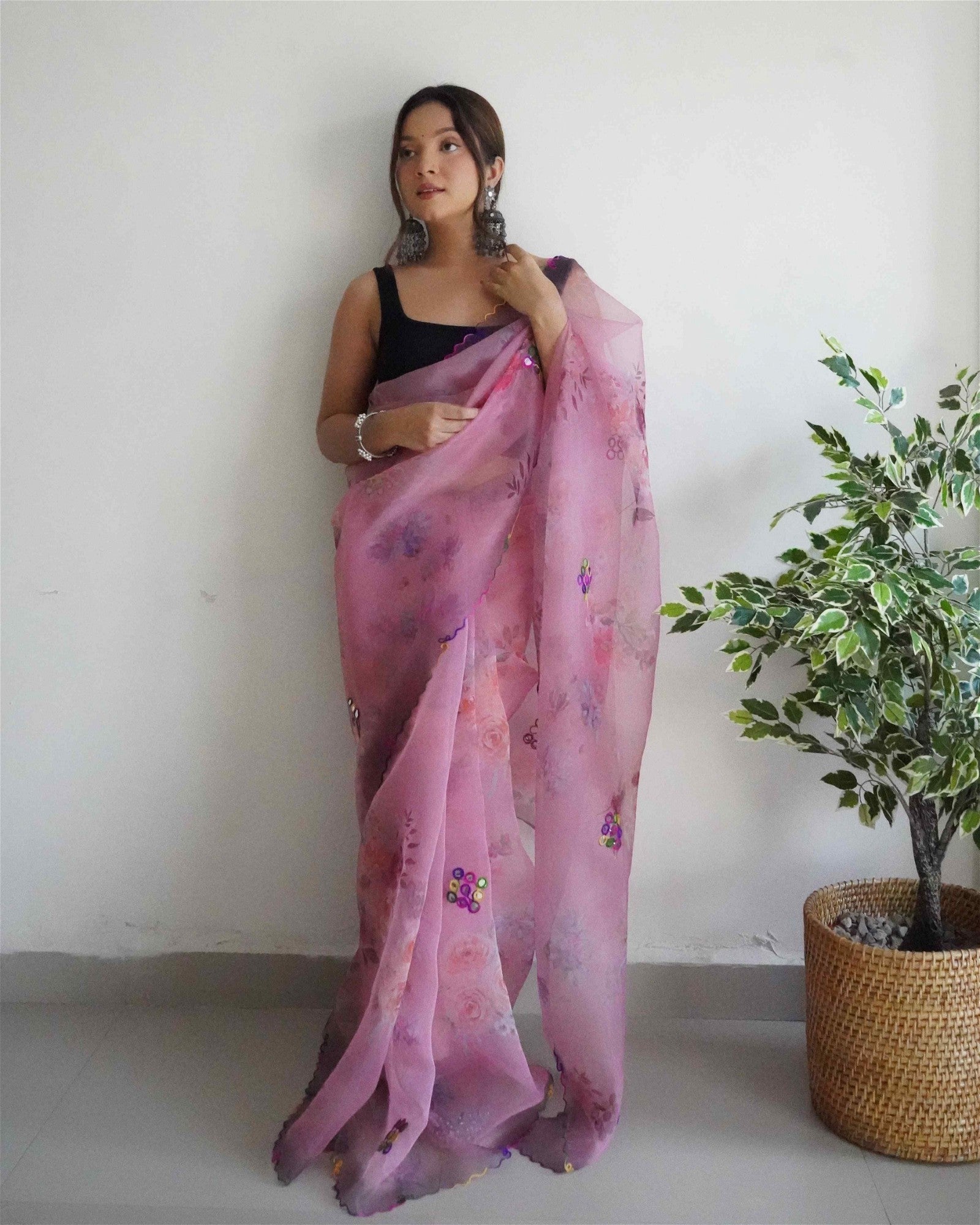 Light Pink Colour Organza Digital Print With Gota Patti Work Saree For Women's - jayaearth