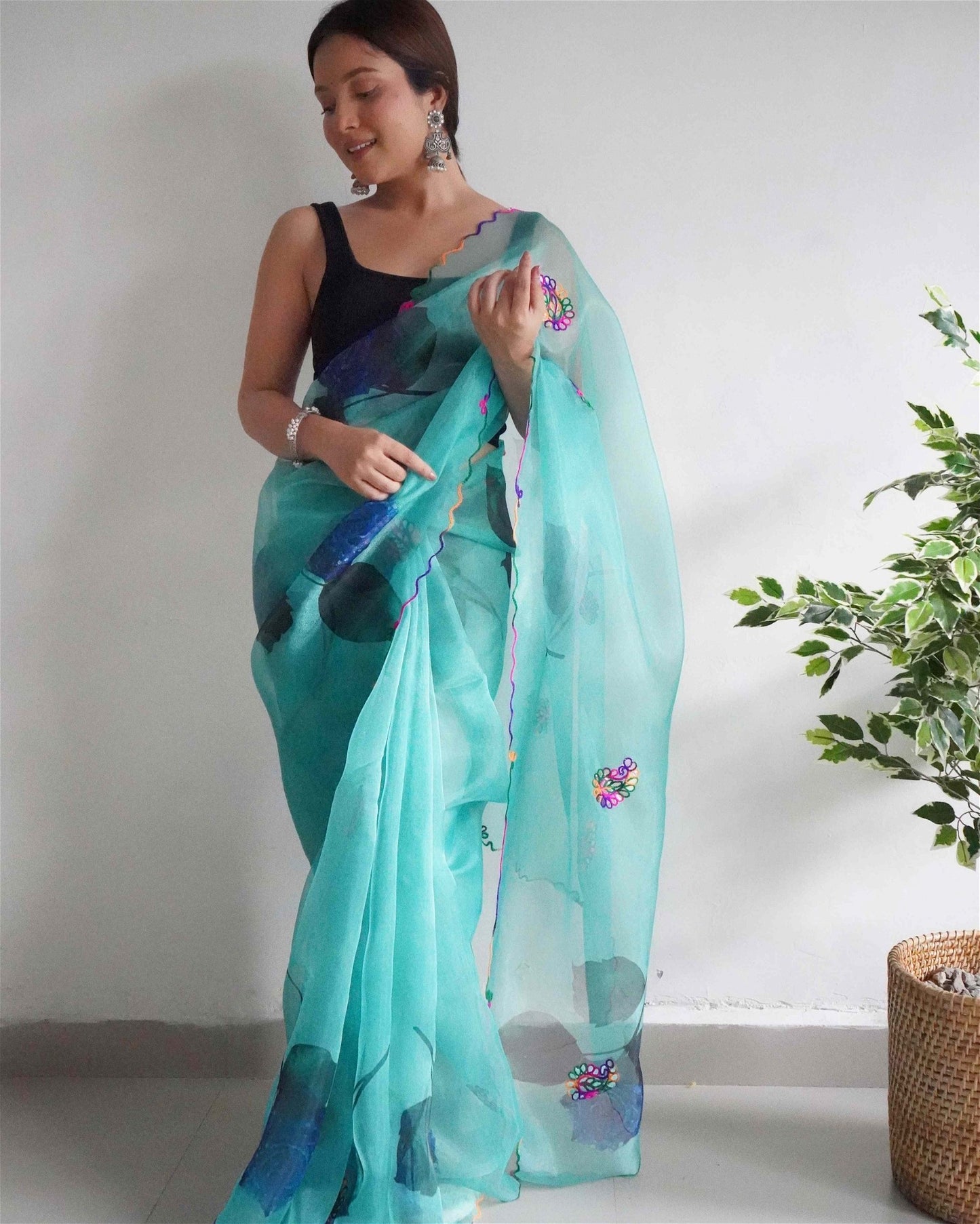 Sky Blue Colour Organza Digital Print With Gota Patti Work Saree For Women's - jayaearth