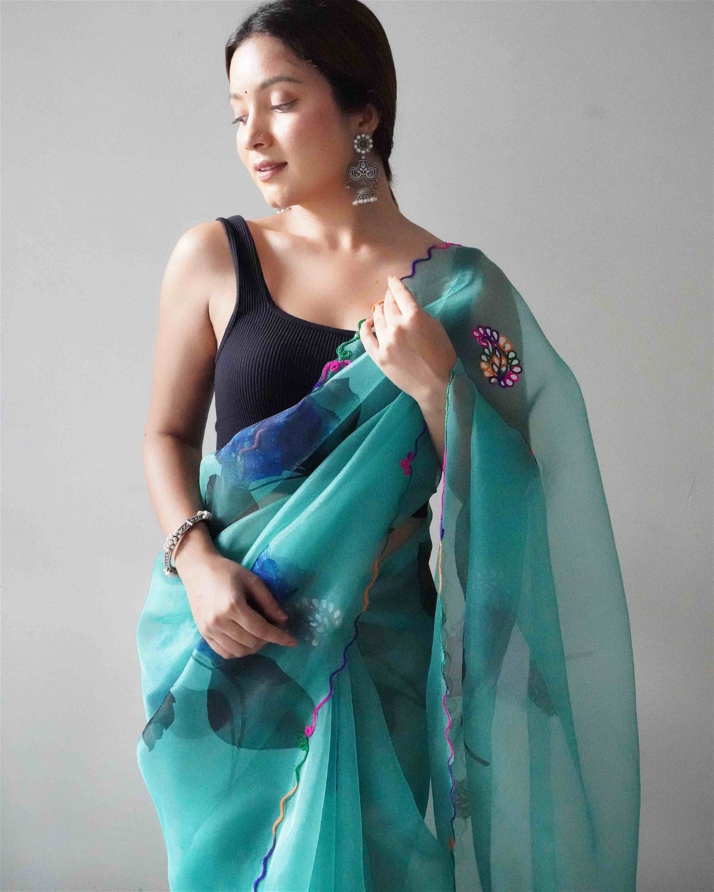 Sky Blue Colour Organza Digital Print With Gota Patti Work Saree For Women's - jayaearth