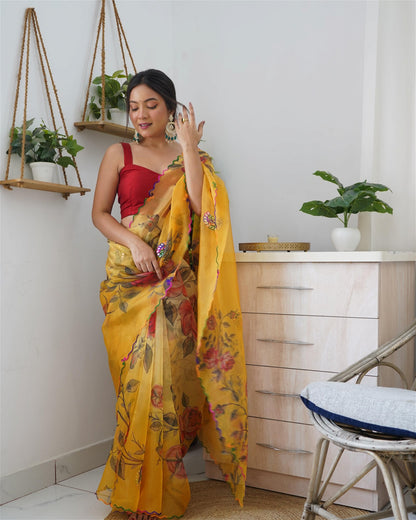 Yellow Colour Organza Digital Print With Gota Patti Work Saree For Women's - jayaearth