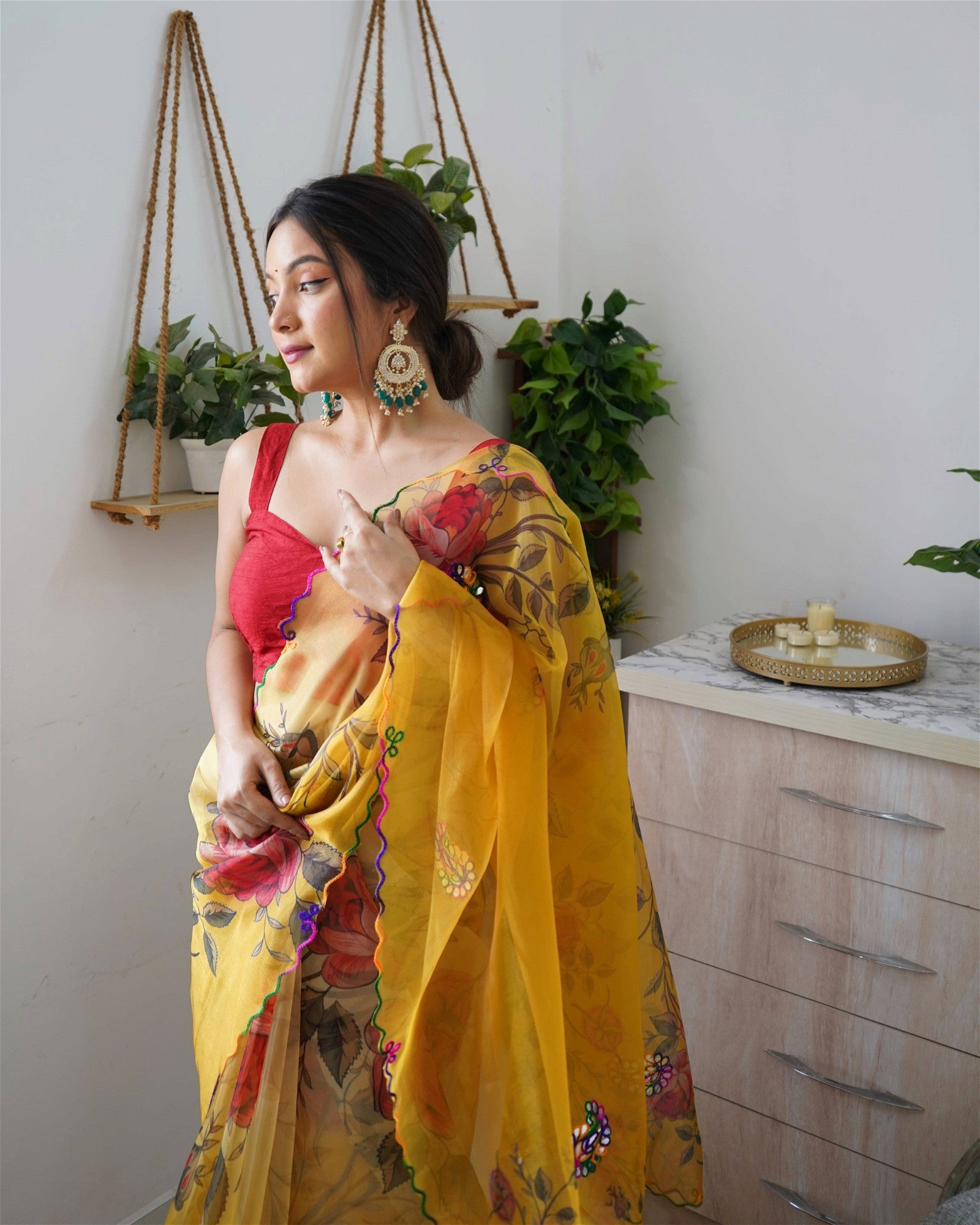 Yellow Colour Organza Digital Print With Gota Patti Work Saree For Women's - jayaearth