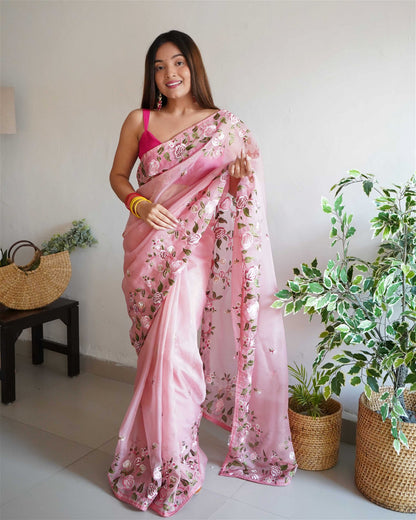 Pink Colour Organza Embroidery Work Saree For Women's - jayaearth