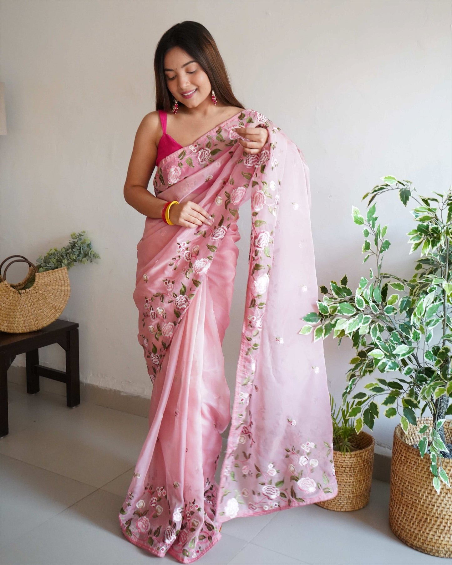 Pink Colour Organza Embroidery Work Saree For Women's - jayaearth