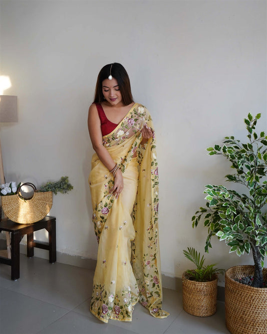 Yellow Colour Organza Embroidery Work Saree For Women's - jayaearth