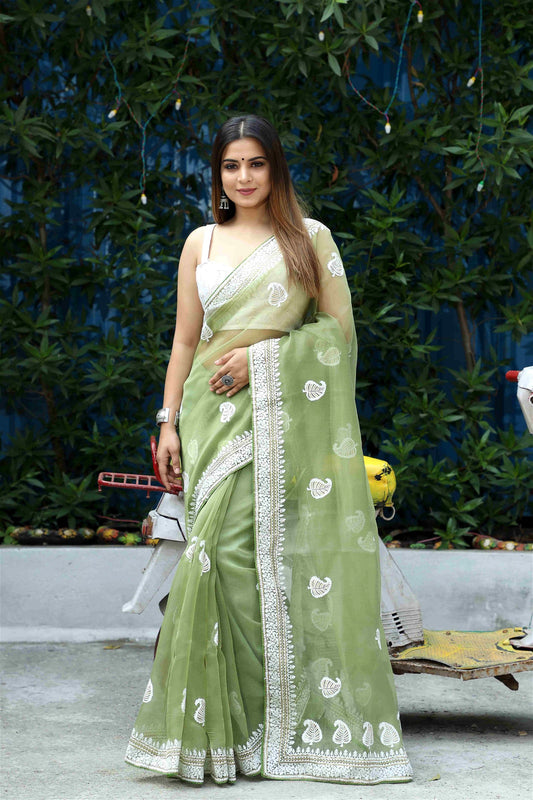 Green Colour Organza Embroidery With Piping Work Saree For Women's - jayaearth