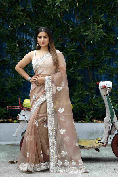 Brown Colour Organza Embroidery With Piping Work Saree For Women's - jayaearth