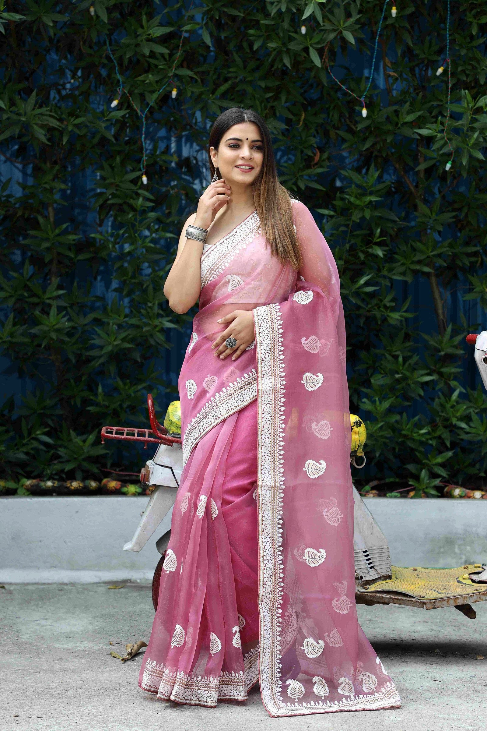 Pink Colour Organza Embroidery With Piping Work Saree For Women's - jayaearth