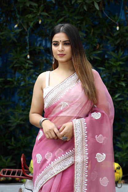 Pink Colour Organza Embroidery With Piping Work Saree For Women's - jayaearth