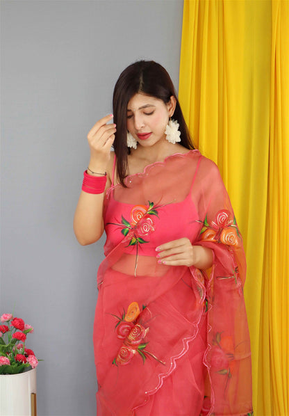 Red Colour Nylon Organza Hand Print With Foil Work Saree For Women's - jayaearth