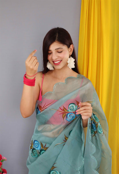 Blue Colour Nylon Organza Hand Print With Foil Work Saree For Women's - jayaearth