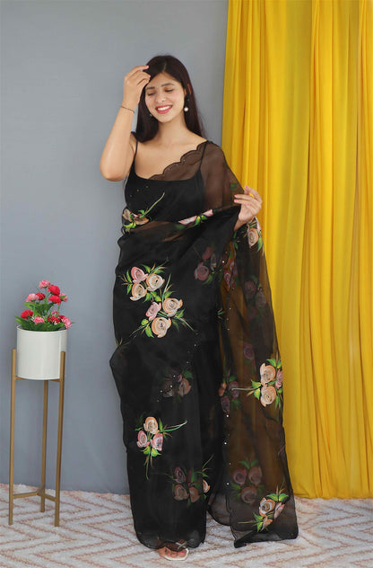 Black Colour Nylon Organza Hand Print With Foil Work Saree For Women's