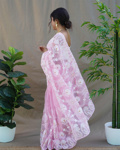 Pink Colour Organza Embroidery And Lace Work Saree For Women's