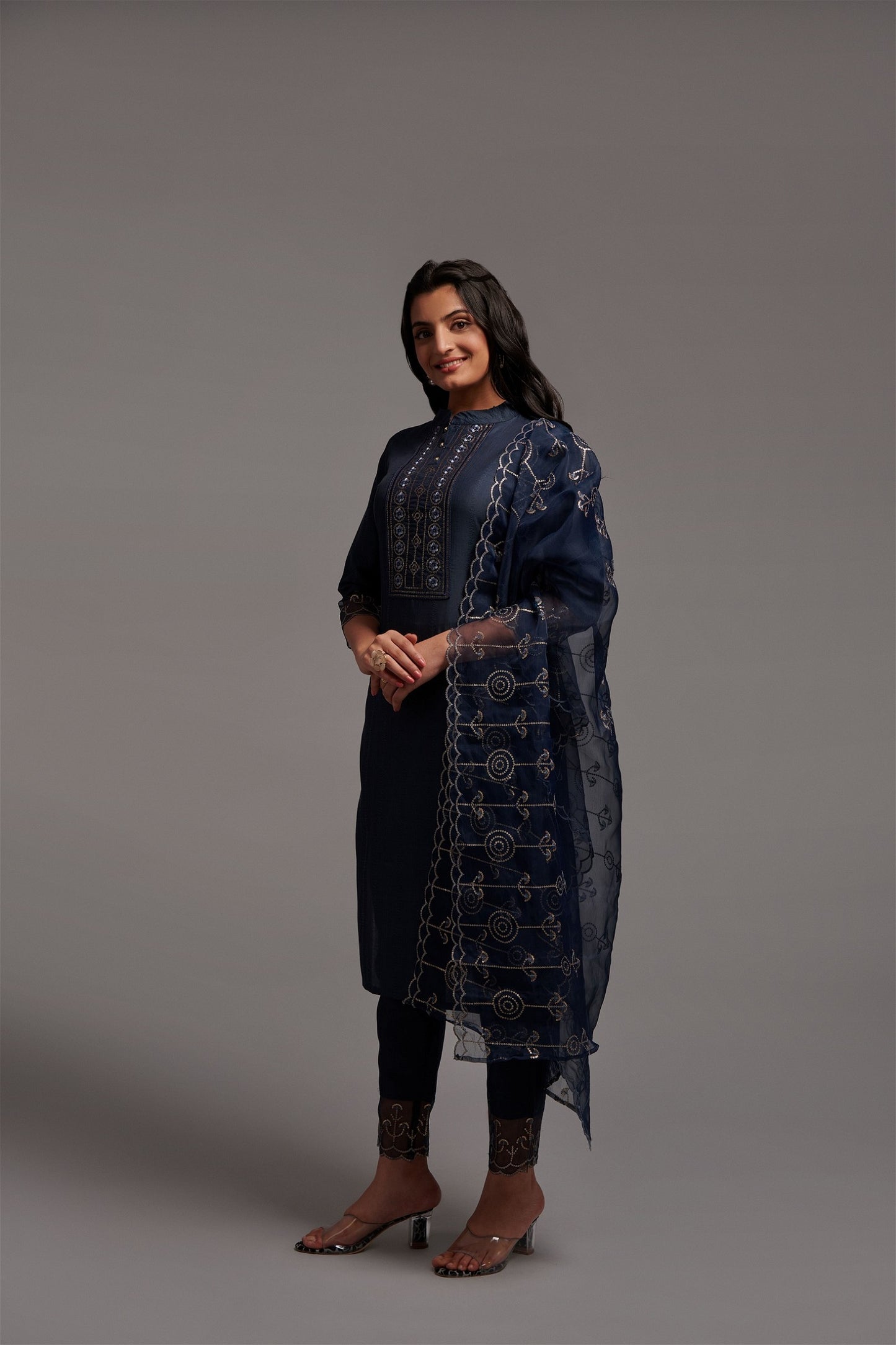 Grey Party Wear Embroidery Worked Kurta With Pant And Duppata Set