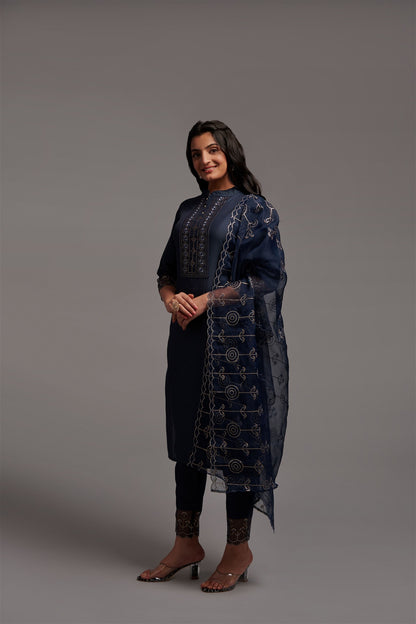 Grey Party Wear Embroidery Worked Kurta With Pant And Duppata Set