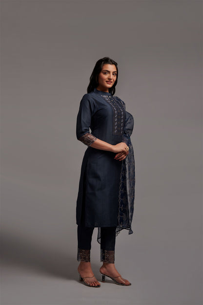 Grey Party Wear Embroidery Worked Kurta With Pant And Duppata Set