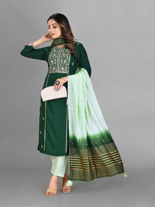 Green Party Wear Embroidery Worked Kurta With Pant And Duppata Set