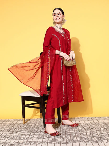 Red Party Wear Embroidery Worked Kurta With Pant And Duppata Set