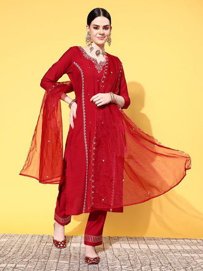 Red Party Wear Embroidery Worked Kurta With Pant And Duppata Set